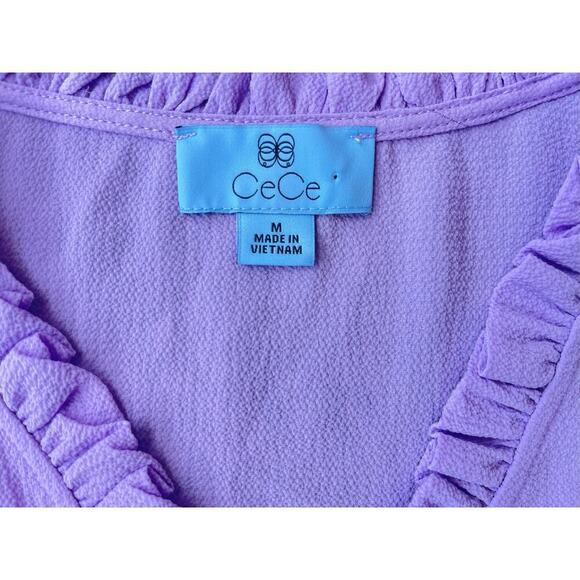 CeCe Ruffle V Neck Button Front Blouse Short Sleeve Purple Top - Medium - Picture 4 of 11